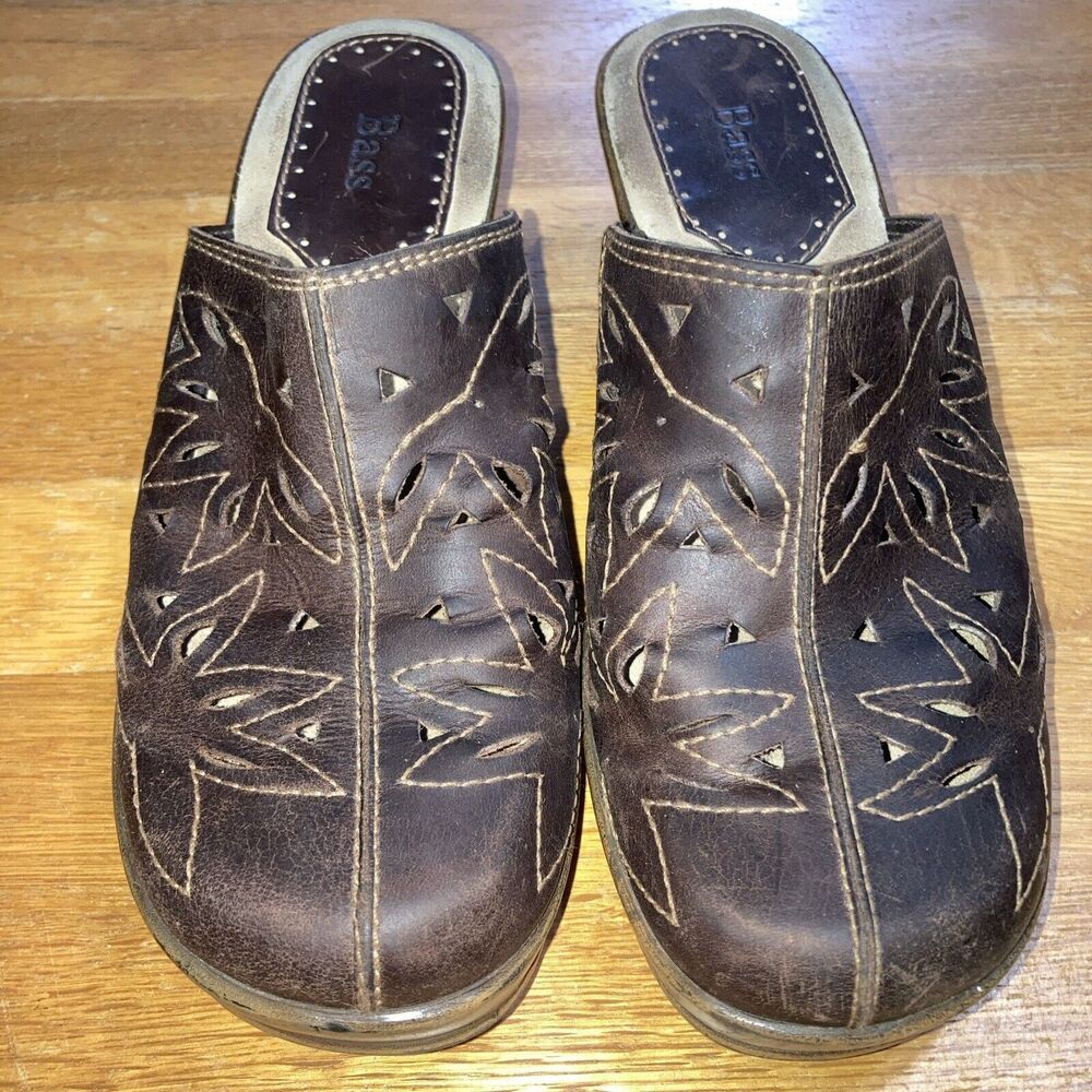 Bass Brenda Dark Brown Leather Clogs Mules Sandals Size 8.5 VGC